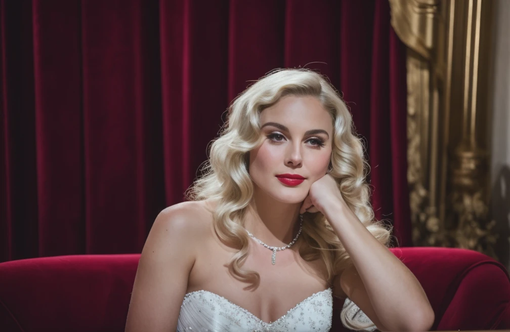 RAW photo, subject, 8k uhd, dslr, soft lighting, high quality, film grain, Fujifilm XT3, professional photo, (detailed skin:1.3), high quality, <lora:Old_Hollywood:0.68> , old hollywood, old hollywood style, old hollywood scene, old hollywood portrait, old hollywood fashion, (masterpiece, best quality), 1girl with long white hair, her hand under her chin, warm lighting, white dress, blurry foreground, vogue, vogue magazine, high budget, still, night, sitting on a stage, red velvet curtains, microphone stand, bouquets lying on stage, lonely, after performance, crying,