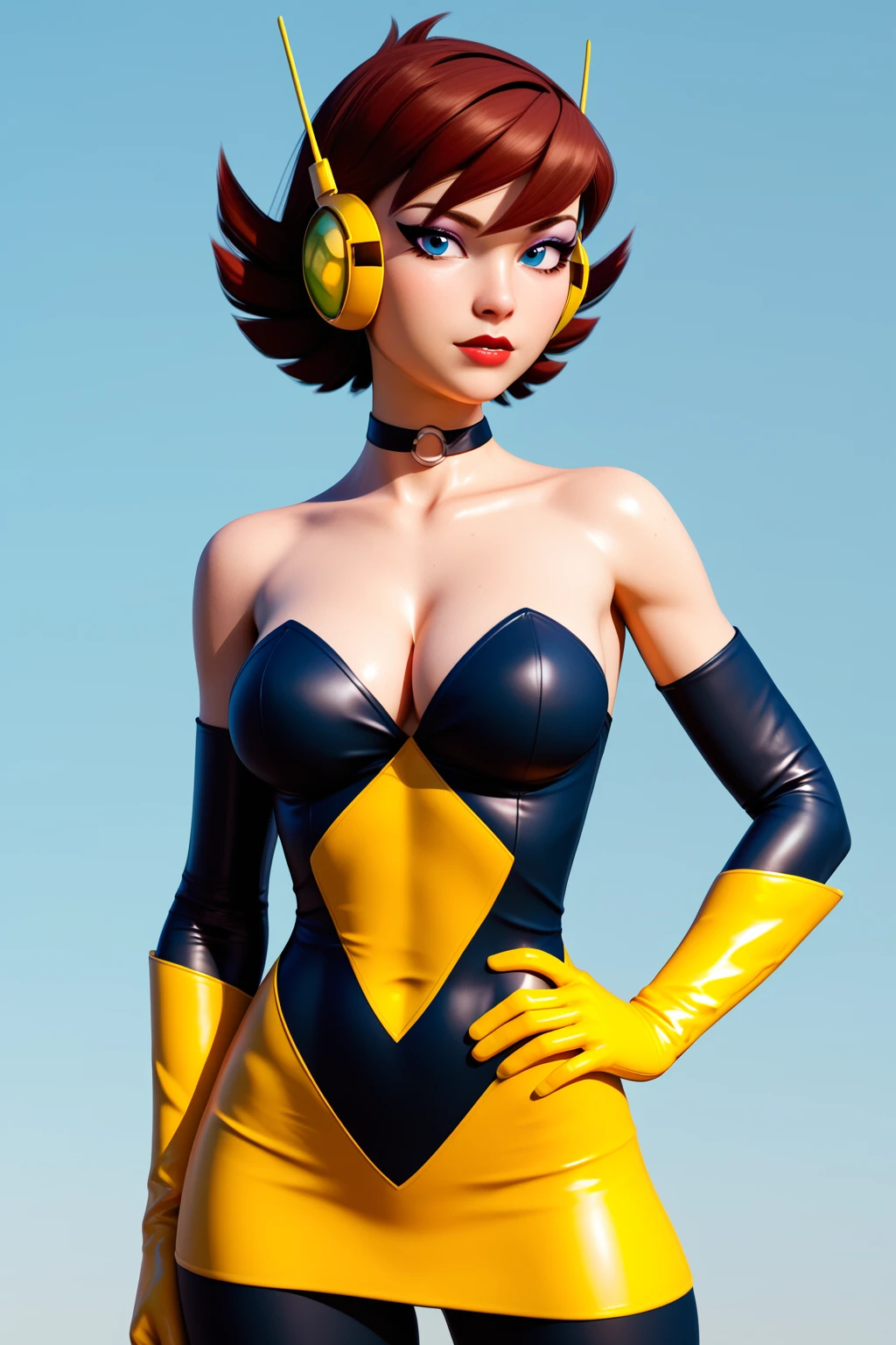 parody, source_cartoon, score_9, score_8_up, score_7_up, score_6_up, <lora:add-detail-xl:1>, ((zPDXL2)), (perfect anatomy), cowboy shot BREAK <lora:Wasp:1> janet van dyne, blue eyes, short hair, brown hair, multicolored hair, looking at viewer, headphones, choker, cleavage, strapless, bare shoulders, elbow gloves, pantyhose, boots, lipstick, makeup, large breasts, curvy, toned, athletic, thigh gap, standing, hands on hip, in luxurious bedroom