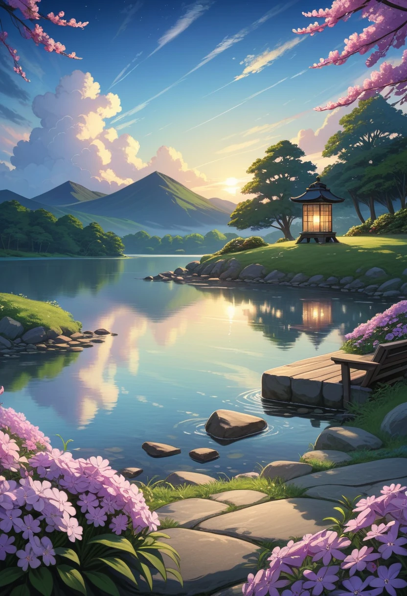 detailed background,( Calm spring night landscape), amongst lush greenery, beautiful view, creeping phlox in full bloom, creeping phlox, early morning, sunrise sky, beautiful clouds, dappled sunlight, outdoor seating, one lamp, Tranquil Lake, clear water lake, depth of field, masterpiece, best quality, ultra-detailed, very aesthetic, illustration, Anime art, japanese Anime style, perfect composition, intricate details, absurdres, wisps of light, no humans,