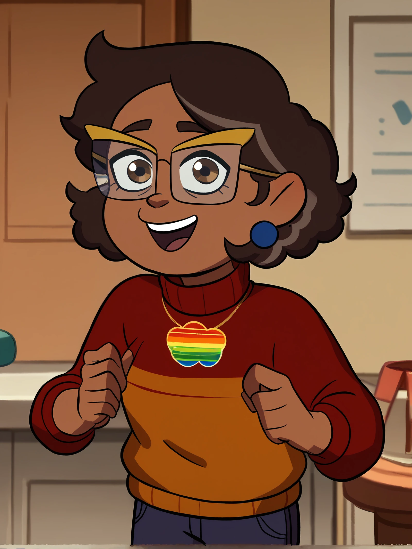 Camila, 1girl, brown hair, curly hair, solo, glasses,jewelry, earrings, smile, brown eyes, sweater, blue pants,indoors, open mouth <lora:CamilaPony1.0:1.0>, score_9, score_8_up, score_7_up, score_6_up, score_5_up, score_4_up, looking at viewer,, zPDXL  <hypernet:bad-hands-5:1>