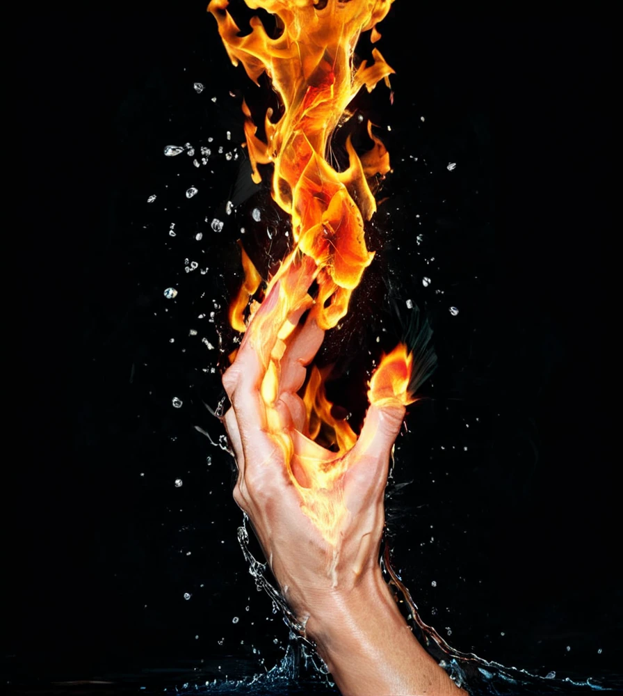 masterpiece,high resolution,detailed,
 <lora:elements_blend:0.8>,
elementalfusion, , fire, black background, water, hand