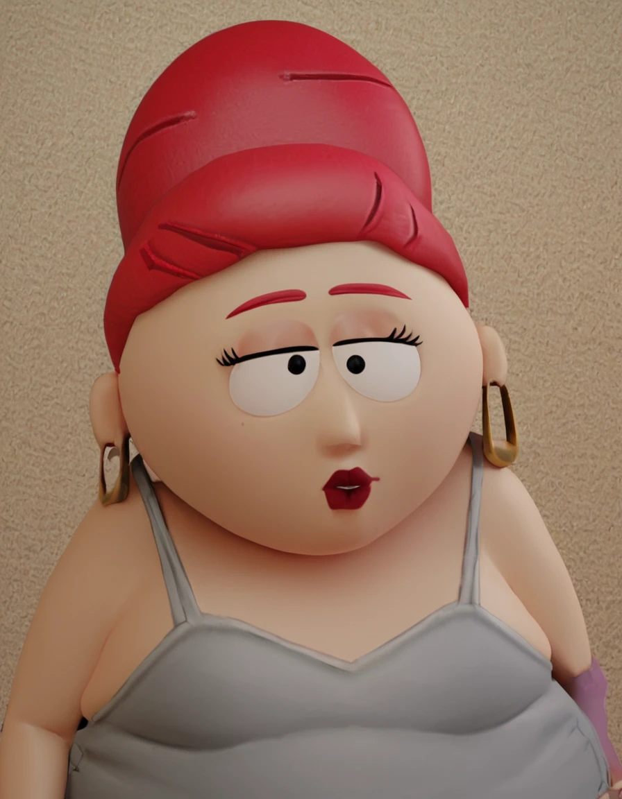 <lora:sheilabroflovskiPonyXL:1> sheilabroflovski, earrings, red hair, jewelry, 1girl, parody, fat, single hair bun, hoop earrings, lipstick, hair bun, black pupils, ( zPDXL BREAK , score_9, score_8_up, score_7_up:1)