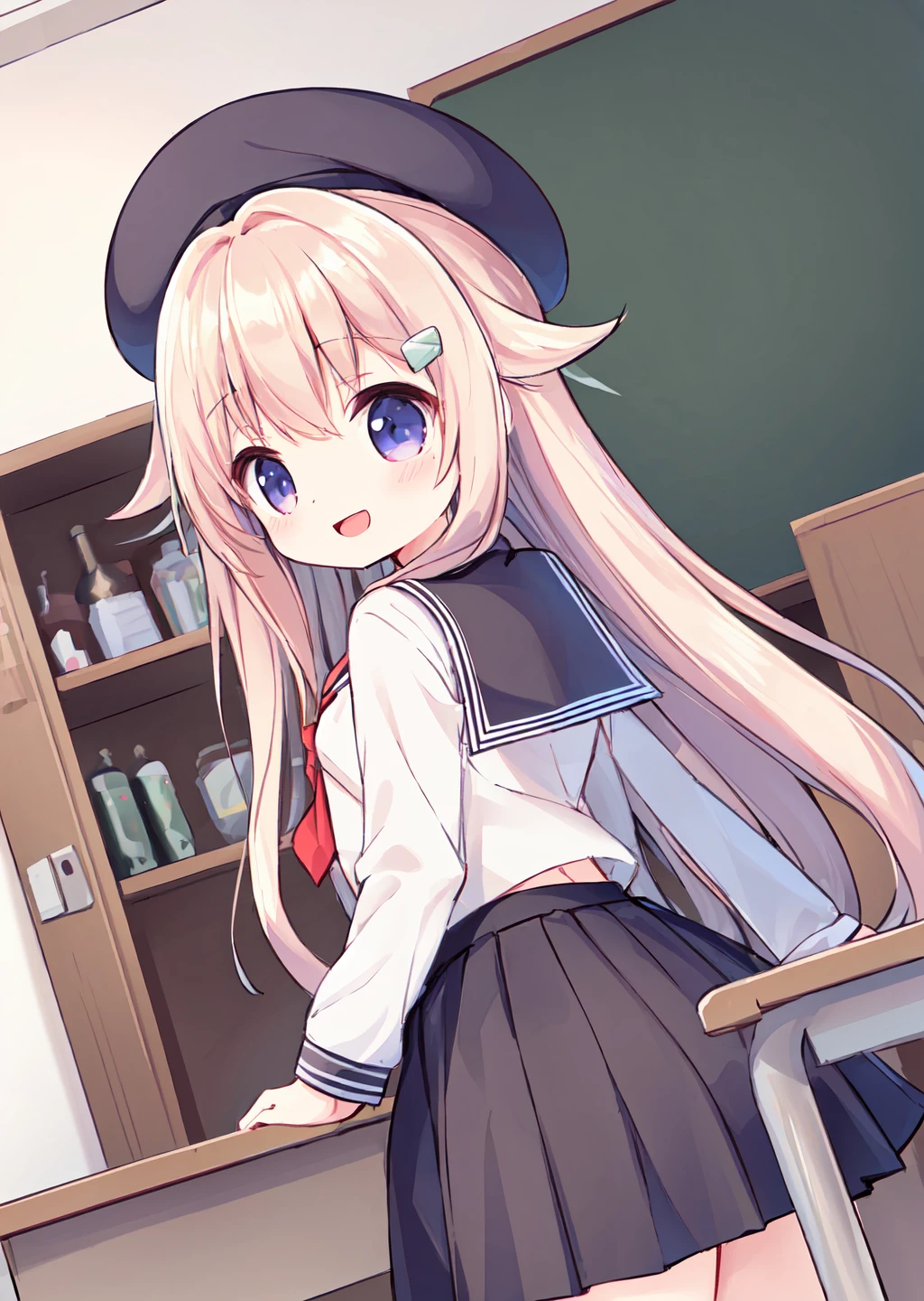 lingjia,standing,school uniform,uniforms,beret,kind_smile,dutch angle,outdoors,looking back,open mouth,blush,spread arms,sense of strength,, (masterpiece, best quality,:1.2)