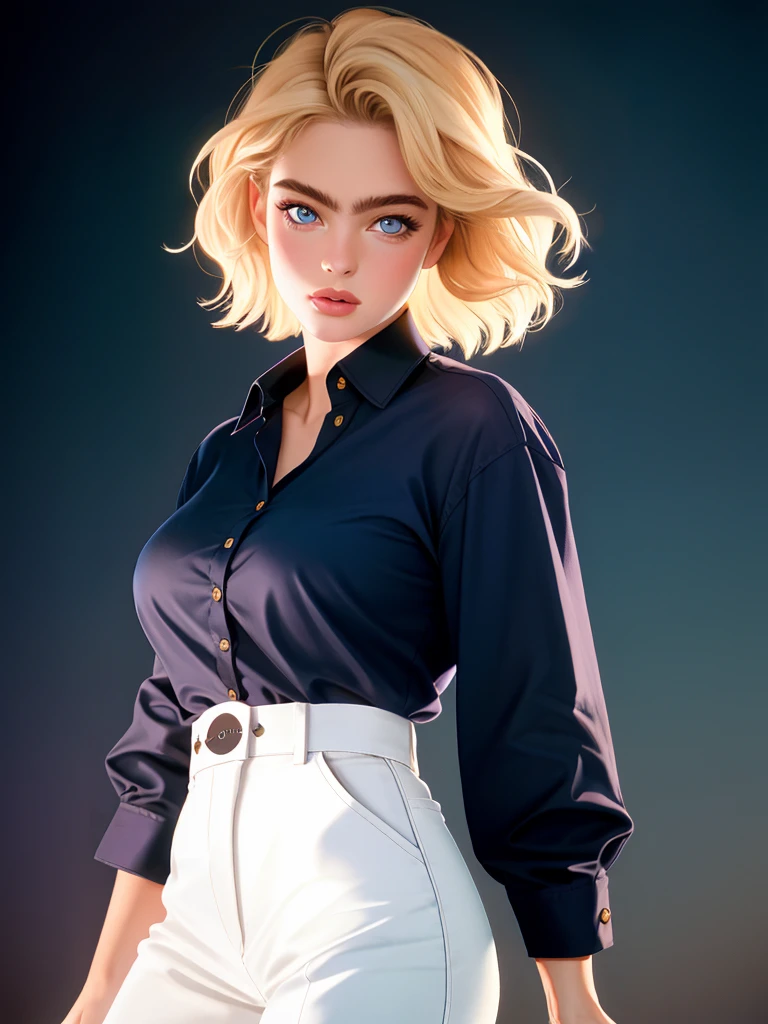 Realistic photo of a beautiful 3r1k43 woman, 1girl, solo, breasts, looking at viewer, short hair, blue eyes, blonde hair, shirt, upper body, lips, black shirt, realistic, unbuttoned, professional Photography, Photorealistic, detailed, RAW, analog, sharp focus, high quality, film grain<lora:3r1k43:1.0>