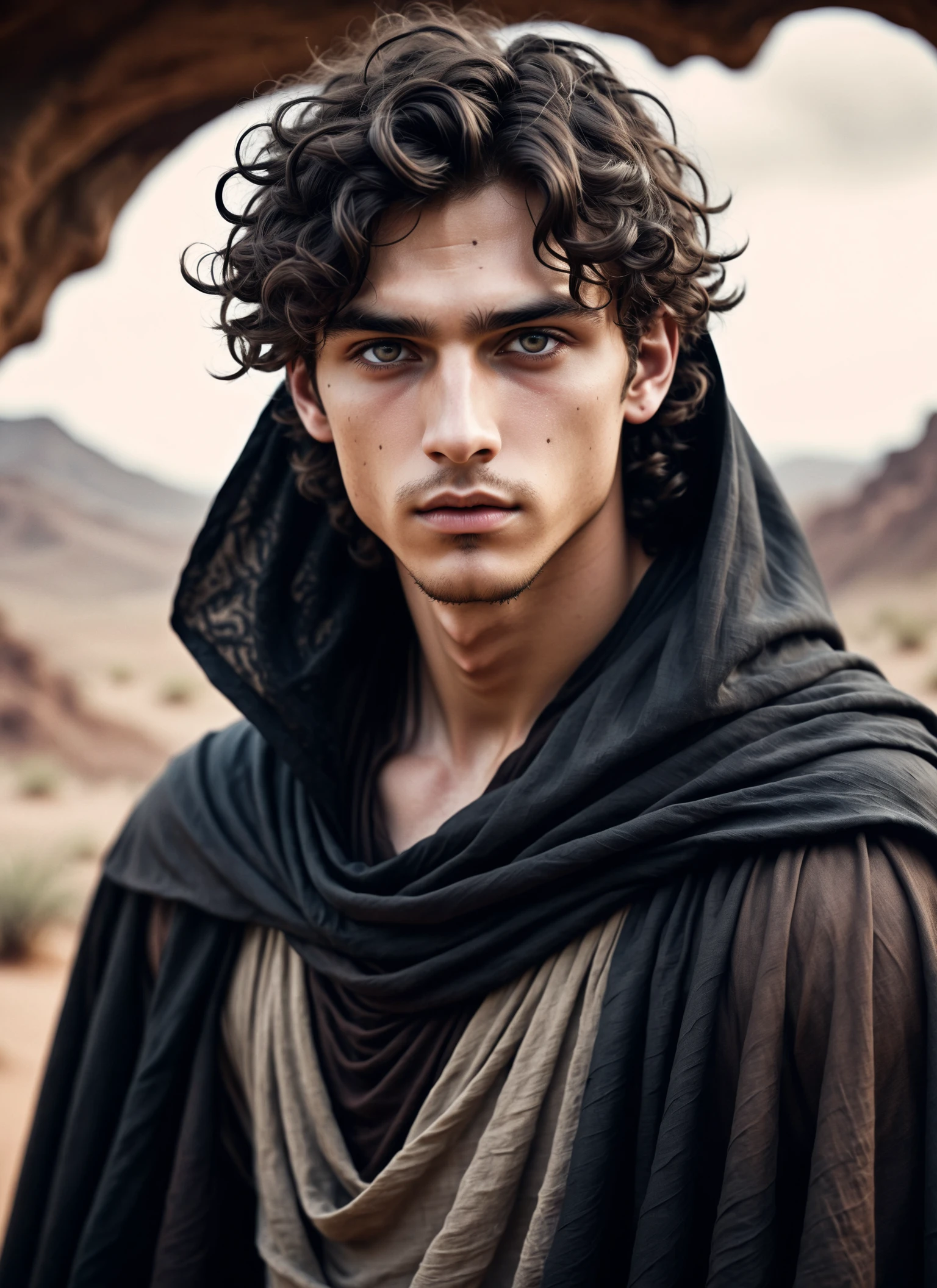 Close-up ink illustration, (Intriguing 19-year-old male:1.3), Hypnotic gaze, Earthy-toned eyes, (Dark curls:1.3), Stylish assassin attire, Draping cape, Dark desert backdrop, Ethereal foggy veil, Dreamy environment, Kinfolk-inspired styling, Film grain touch
