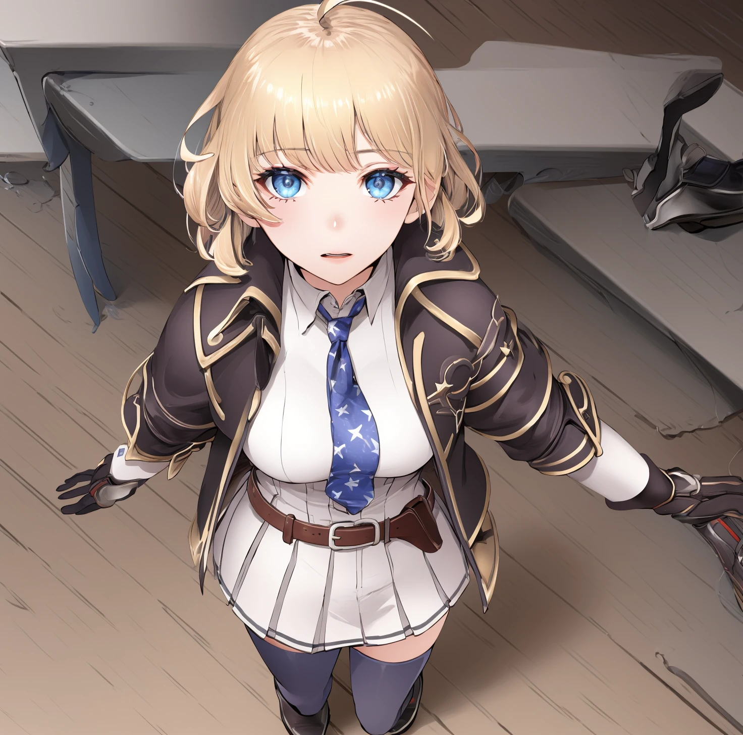 <lora:M1911_Girls_Frontline:1> m1911, american flag tie, blue_eyes, blonde_hair, short_hair, bangs, gloves, jacket, shirt, ahoge, pleated_skirt, belt, black footwear, thighhighs. stripped tie, standing, military base setting,, best quality, masterpiece, detailed, 8K, uhd, (extremely detailed CG unity 8k wallpaper),(masterpiece), (best quality), (ultra-detailed), (best illustration), detailed face, skin pores, detailed skin, detailed eyes, high quality eyes, good quality hands, high resolution, great anatomy