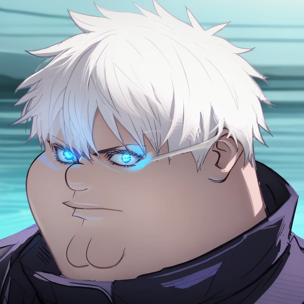 score_9_up, BREAK, 1boy, solo, Peter Griffin, white hair,   short hair, blue eyes, glowing eyes,  jacket,   black jacket,  gojou satoru,   <lora:PeterGriffin_iamkowai_PXL_Leaf2:1> ,  <lora:GojoXLv5:1>, anime screencap, close-up,