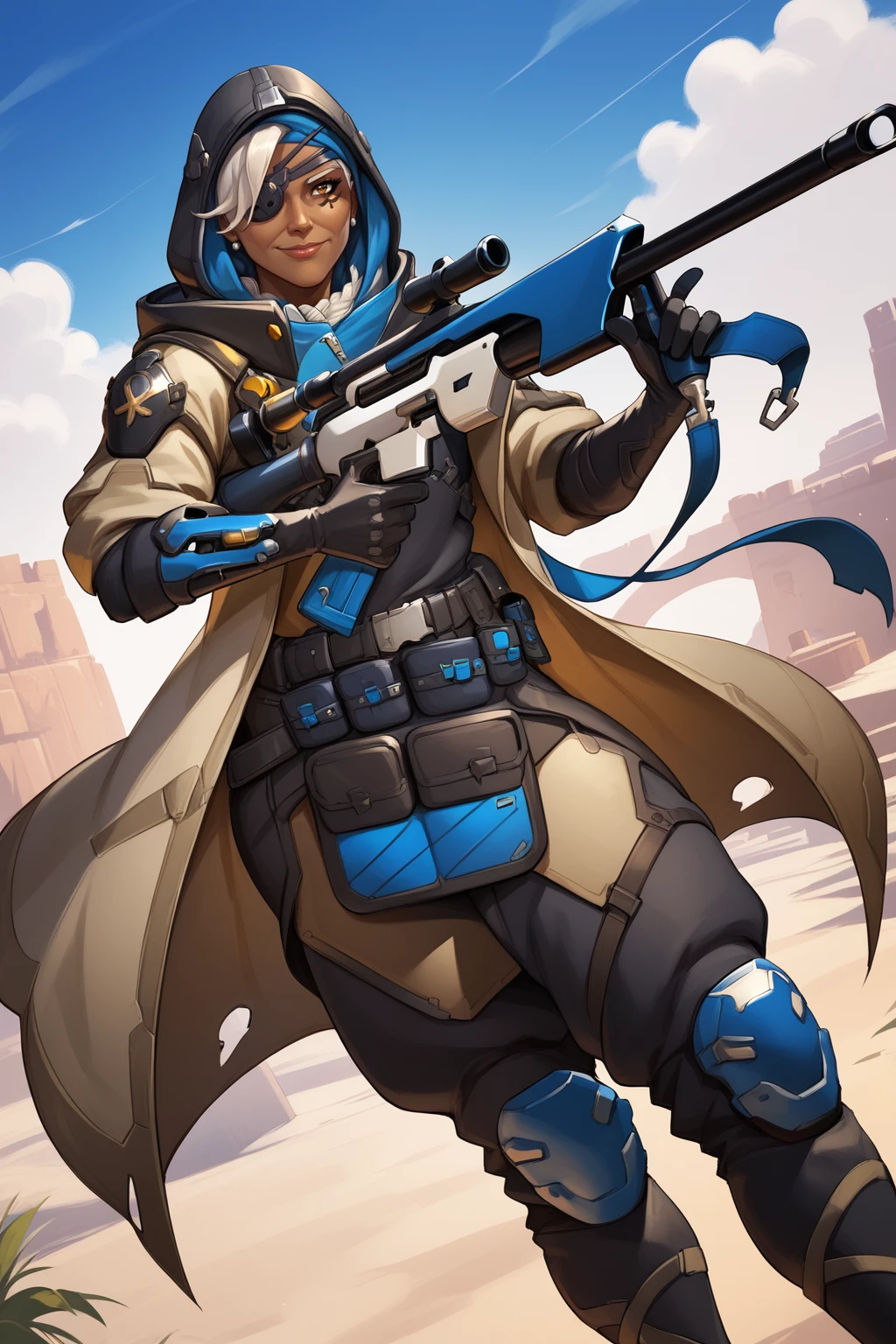 score_9, score_8_up, score_7_up, masterpiece, high quality
<lora:Ana Amari oldPonyLoRA:0.9>anamri, dark-skinned female, old woman, short hair, ponytail, hood, eyepatch, facial tattoo, hight collar, coat, top, zipper, gloves, grenades on bandolier, belt, belt pouch, armor, pants, knee pads, boots, holding sniper rifle in front, smile