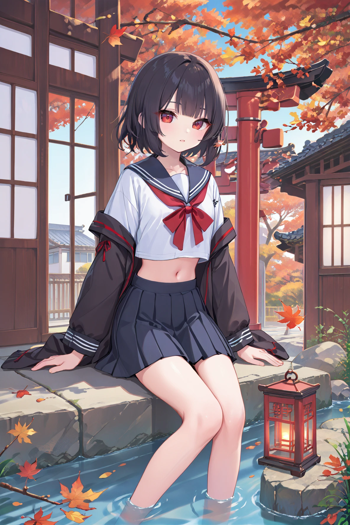 gomyon,1girl, architecture, autumn, autumn leaves, bangs, bare tree, black hair, black serafuku, black skirt, blunt bangs, branch, east asian architecture, falling leaves, fire, indoors, japanese clothes, lantern, leaf, long sleeves, looking at viewer, maple leaf, midriff, multiple torii, navel, open clothes, pleated skirt, red eyes, red ribbon, red sky, ribbon, round window, sailor collar, school uniform, serafuku, shirt, short hair, shouji, sitting, skirt, sky, sliding doors, solo, sunset, torii, tree, window <lora:Gomyonbrite:0.7>