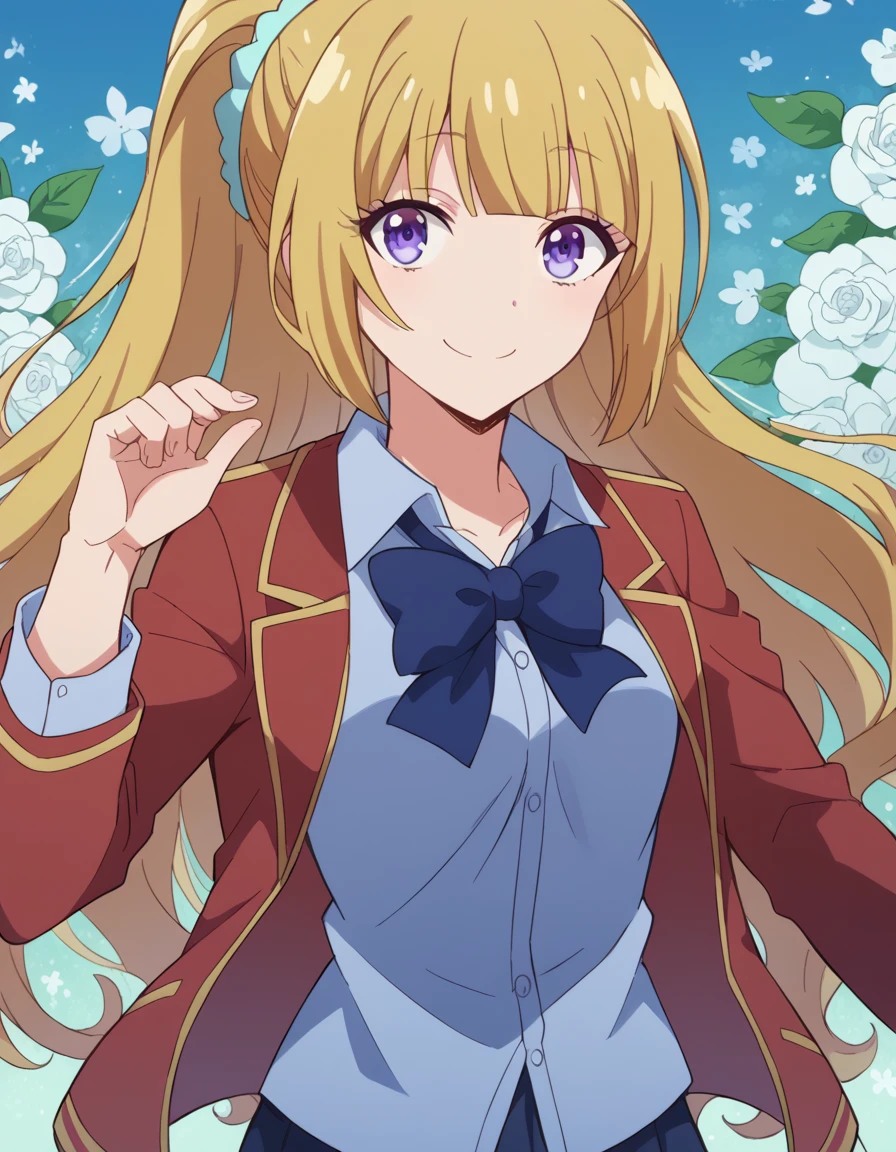 score_9, score_8_up, score_7_up, source_anime,
keikaruizawa, <lora:kei-karuizawa-anime-s2-ponyxl-lora-nochekaiser:1>,
kei karuizawa, long hair, bangs, blunt bangs, purple eyes, blonde hair, shirt, hair ornament, ponytail, scrunchie, blue scrunchie, smile,
skirt, shirt, bow, school uniform, jacket, red jacket, pleated skirt, bowtie, sweater, blue bow, blue shirt,
smile, <lora:floral-background-ponyxl-lora-nocheakaiser:1>, floral background,
looking at viewer, cowboy shot, dutch angle,