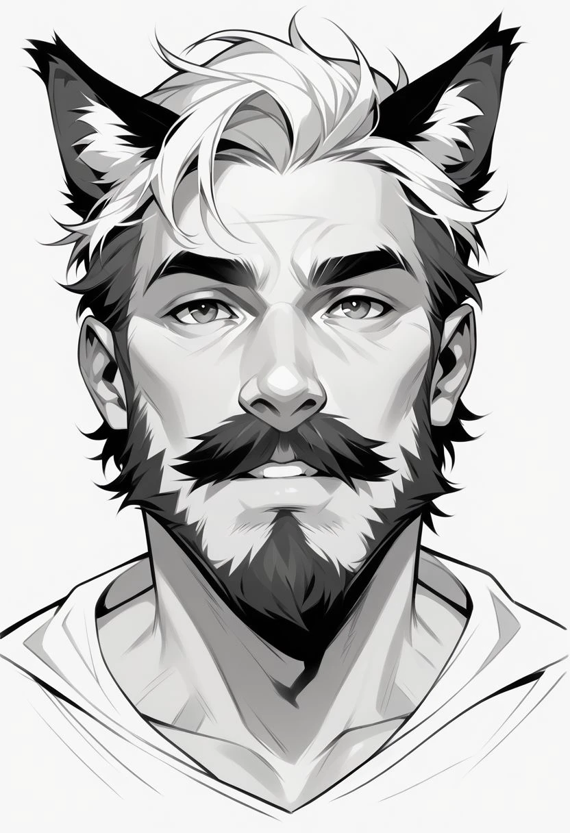 niji comix style, greyscale, monochrome, solo, facial hair, 1boy, male focus, looking at viewer, portrait, white background, beard, simple background, animal ears,   mustache, line art, pencil (medium), digital art, comic art style, illustration PnyCmicPosXL
 zPDXL2