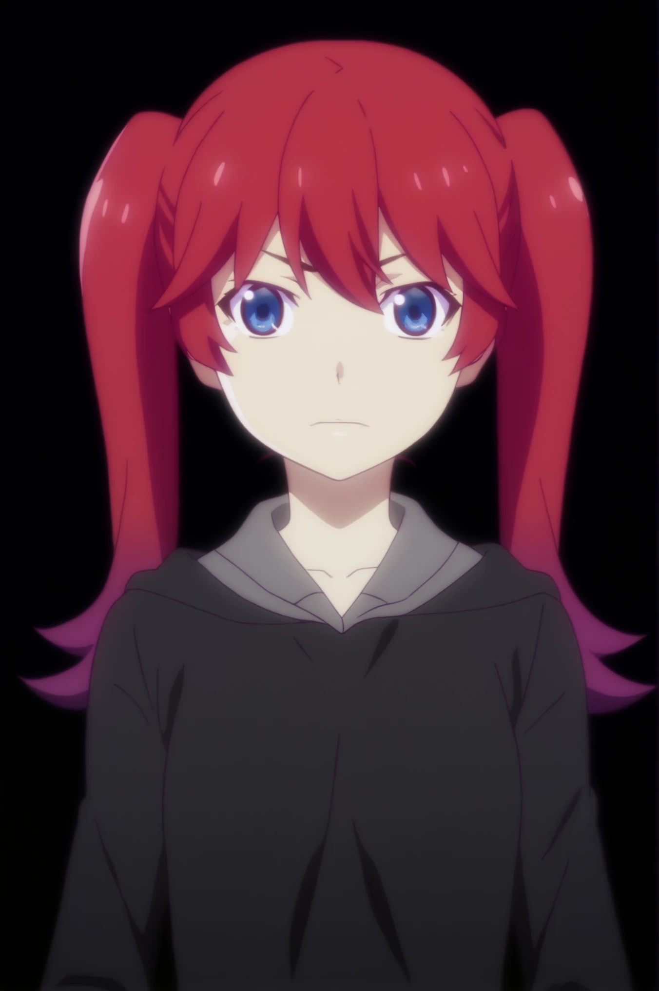 anime screencap, upper body, black background, looking at viewer, Amelia Irving <lora:Renai_Flops-Amelia_Irving-PDXL:0.7> <lora:sdxl_lightning_4step_lora:1>