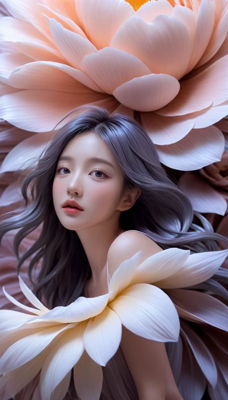 <lora:xl-shanbailing-24-0411advanced gray series_4:0.8>,bailing_matte,matte,flower,advanced gray series,(1girl:1.2),huge flowers,from below,best quality,32k,RAW photo,incredibly absurdres,extremely detailed,delicate texture,the big wave of massive flowers and massive petals is swallowed up,fantasy,fairy tale,pastel color,motion-blur,action-lines,