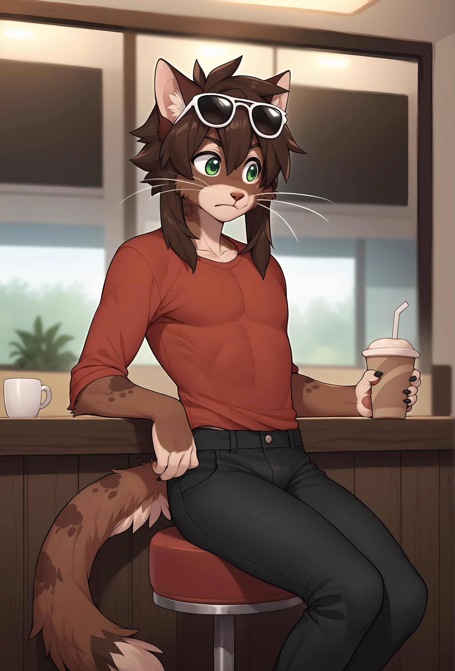 score_9, score_8_up, score_7_up, score_6_up, score_5_up, score_4_up, cafe, indoors, bokeh, realistic, source_furry BREAK
<lora:twix_fluffkevlar_ponyXL_v1.3_0.99:1> twix, 1boy, solo, furry, tail, whiskers, brown hair, medium hair, green eyes, black claws, shirt, pants, sitting on a stool, red shirt, black pants, sunglasses on head, closed mouth, otoko no ko,