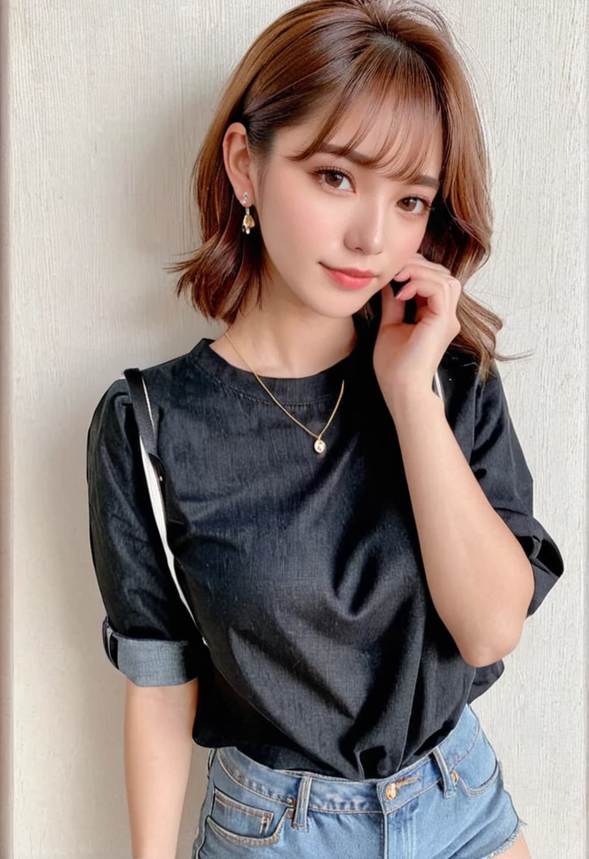 <lora:JapanZ_Big_Eyes:0.8>,  1girl, solo, shorts, shirt, black shirt, brown hair, denim, earrings, jewelry, brown eyes