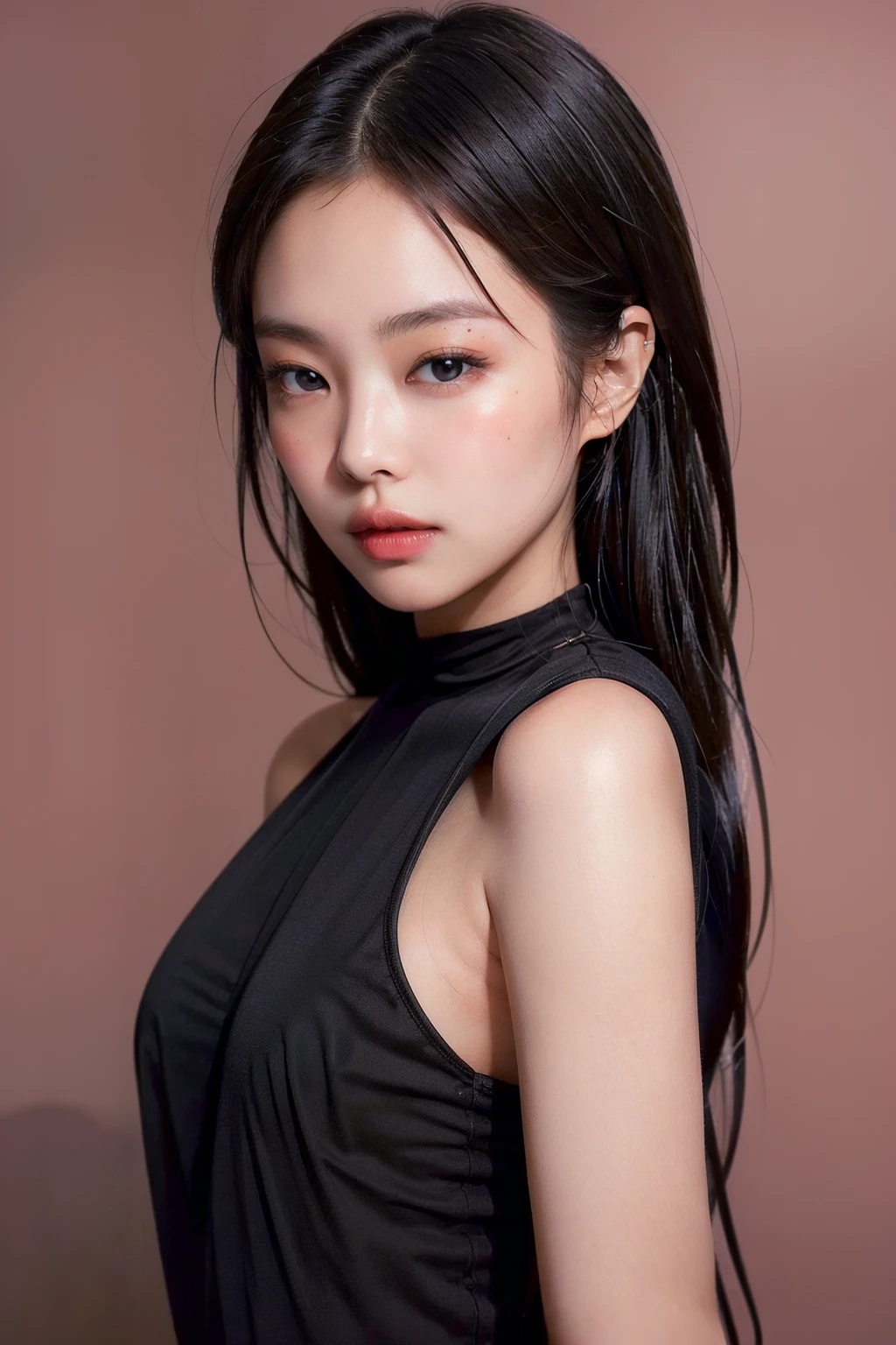 (masterpiece, best quality, high intricate details, realistic skin details, photo realistic),1girl,solo,realistic,photorealistic,ultra detailed,looking to the viewer,upper body,
standing,(black dress),simple background,red background,(closeup),<lora:Jennie-v2-1:0.9>,jennie,