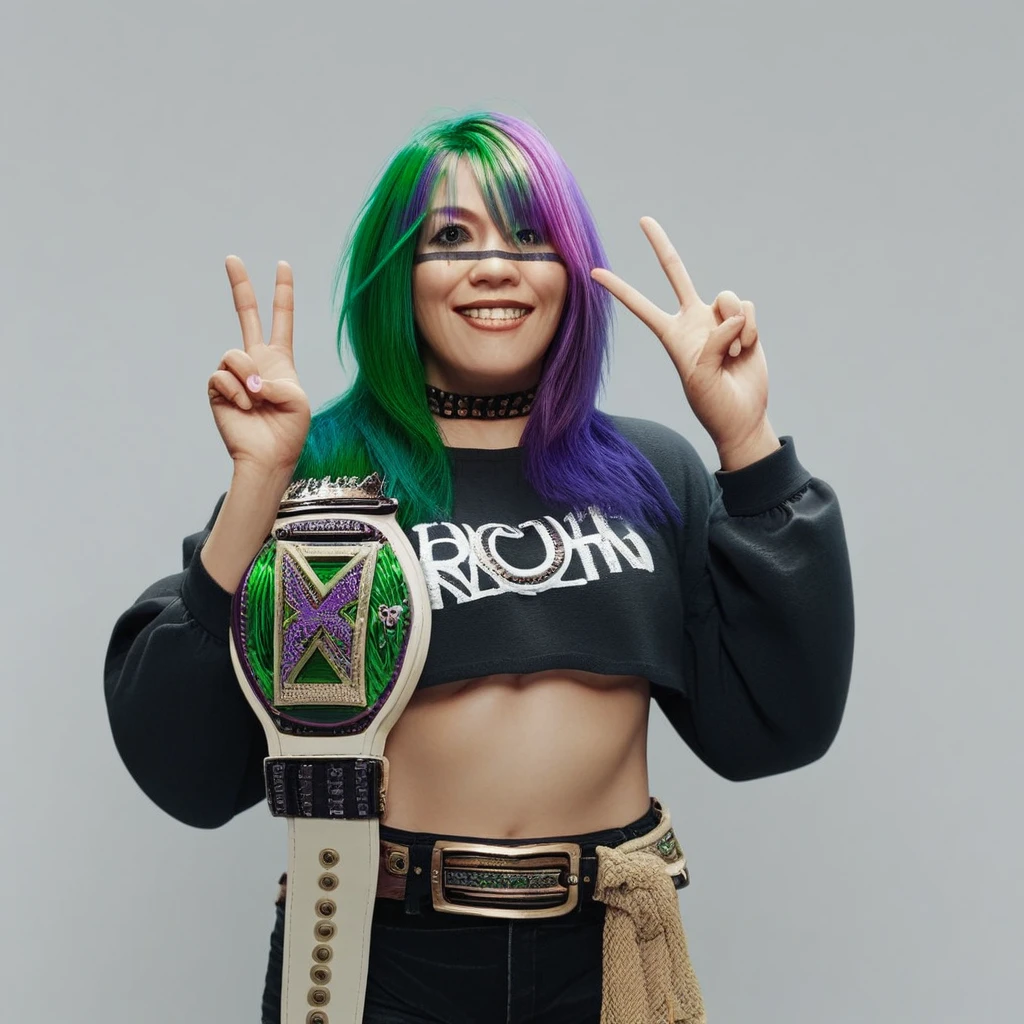 score_9, score_8_up,, 1 girl,female focus, Title belt, purple hair, multicolor hair, green hair, peace sign,