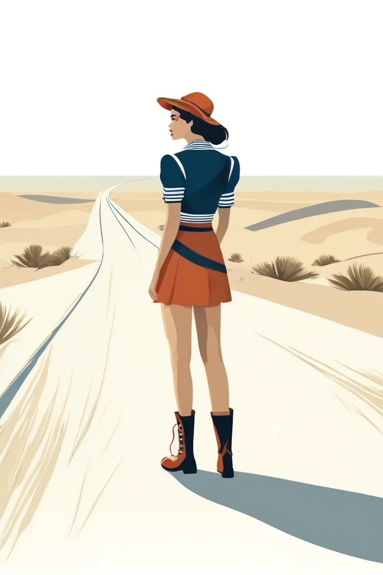 flvcil06 style <lora:style_06_cozy_palette_l0-x_flvcil06_style:1>, woman cluseup standing,
sailor, ignorant,
Desert highway and endless horizon,
high quality, masterpiece, highres,