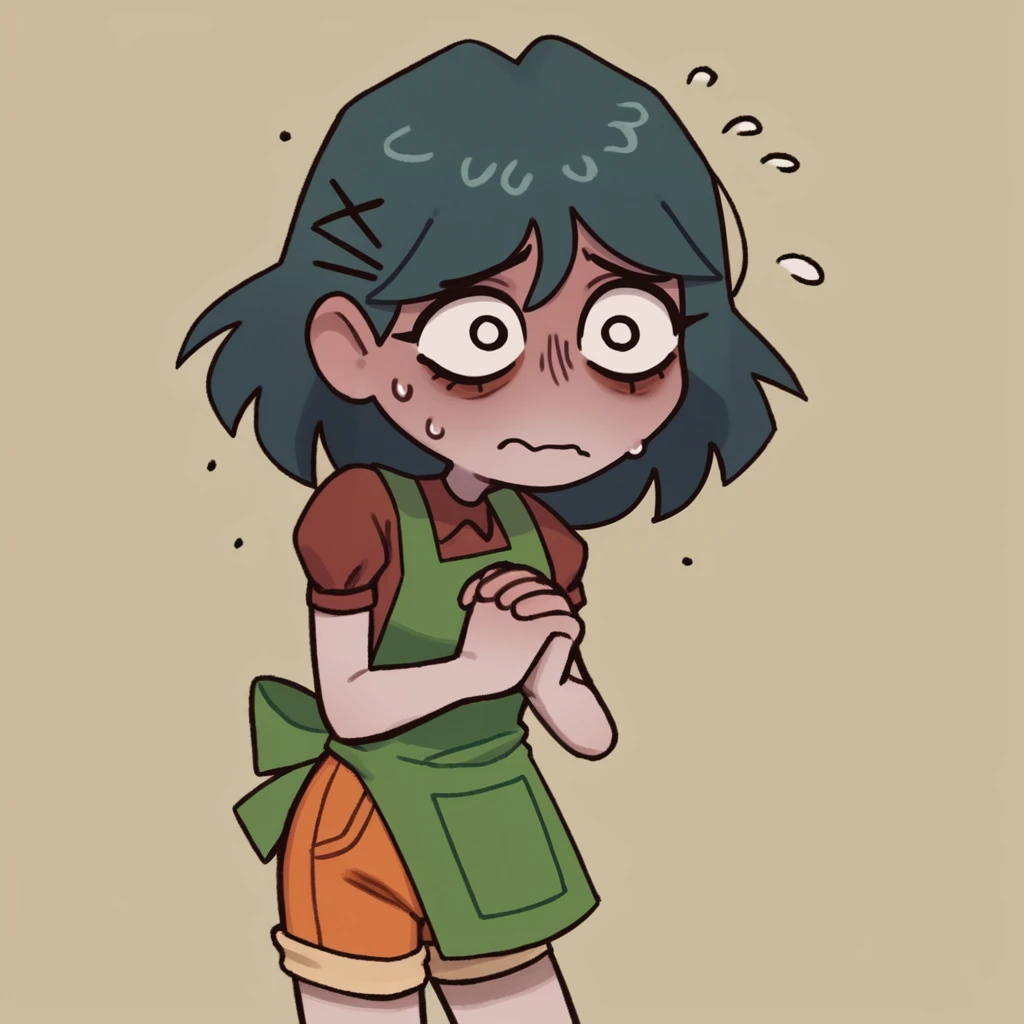 solo, Laceys_game, 1girl, orange_shorts, green apron, own hands together, score_5_up, score_4_up, score_6_up, petshop, on side, inroom, nervous sweating, <lora:Laceys_game:1.0>