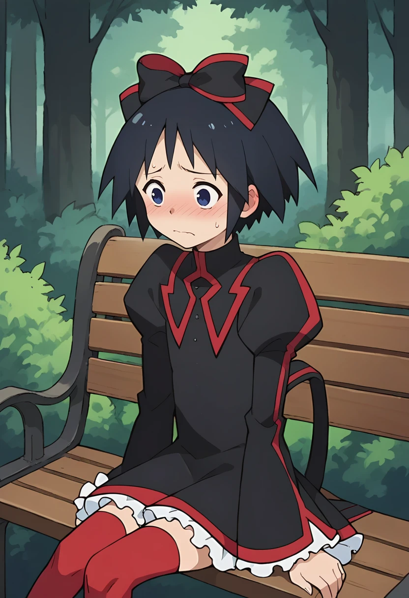 score_9, score_8_up, score_8, source_anime, 1girl, <lora:ChiyokoKurotori:0.85> flat chest, short hair, black hair, blue eyes, bow, hair bow, black dress, red thighhighs, ribbon, upper body, embarrassed, blush, sitting on bench,
forest background,