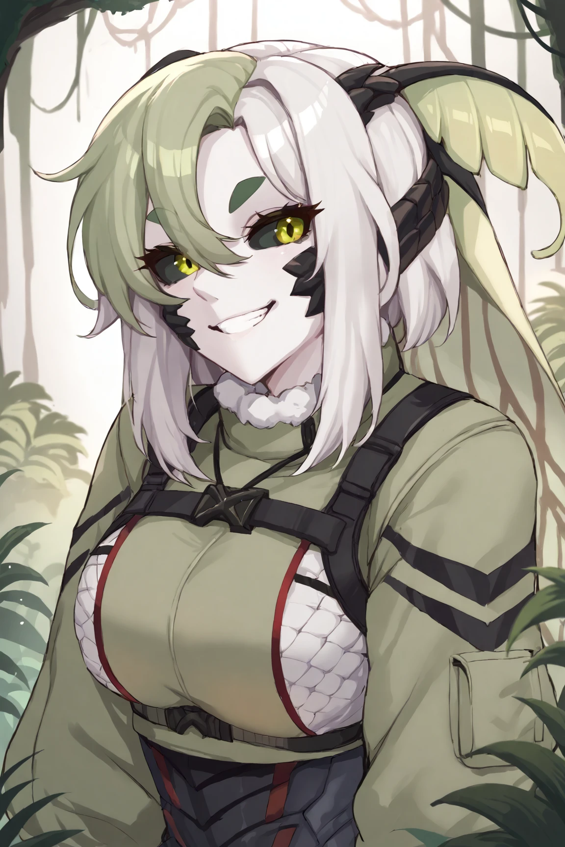 score_9, score_8_up, score_7_up, score_6_up, score_5_up, score_4_up, source_anime, rating_safe, jungle, 1girl, solo, lunesuit, smile, looking at viewer, v, (extra arms:0.5), portrait,
<lora:JuniperActias:1> juniperactias, pale skin, black sclera, (green eyes:0.8), [black gloves::4]
<lora:Kanta:1>