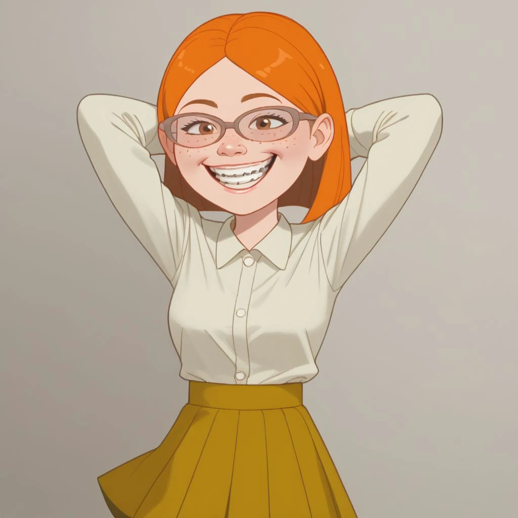 score_9, score_8, score_7, BREAK, solo, 1girl, freckles, glasses, orange hair, skirt, hands behind head, smile, braces