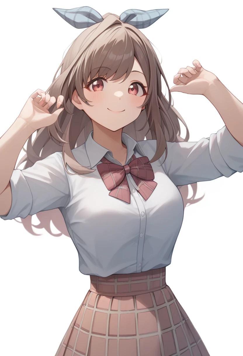 score_9,score_8_up,score_7_up,<lora:tsukioka_kogane_pony:1>,skirt, white_background, sleeves_rolled_up, plaid_skirt, hands_up, hair_bow, shirt, highres, plaid, 1girl, dress_shirt, plaid_bow, standing, revision, bowtie, bow, plaid_bowtie, arms_up, tsukioka_kogane, simple_background, smile, solo, school_uniform