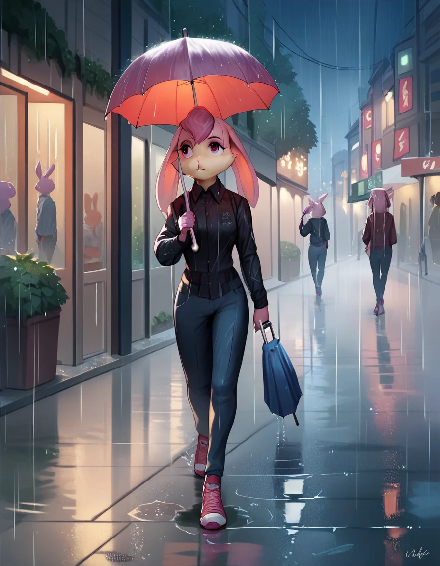 score_9, score_8_up, score_7_up, score_6_up, score_5_up, score_4_up, <lora:Lucy_Hare:0.7> lucy hare, walking, street, rain, holding umbrella, 1girl, solo,