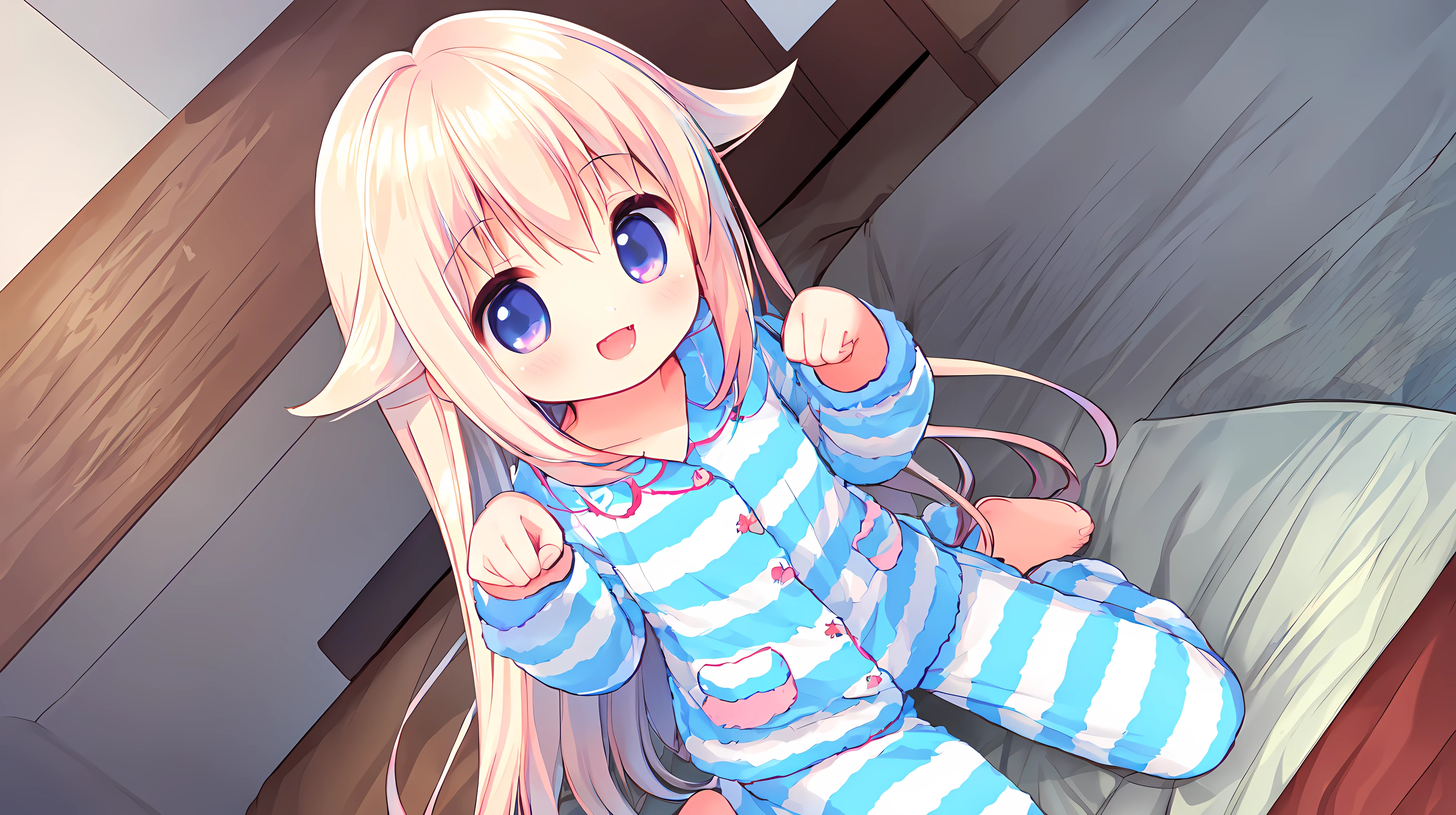 {{best quality, amazing quality, very aesthetic, absurdres,realistic,reverse light,golden light,sunlight,}},lingjia,1girl,solo,maiden,kawaii,sitting,pajamas,striped pajamas,arm support,kind_smile,
smile,(paw pose:1.1),open mouth,blush,
indoors,looking_at_viewer,dutch angle,front view,moody lighting,
<lora:lingjia_v4.2-000026:0.8>,skin_fang,wariza,, (masterpiece, best quality,:1.2)