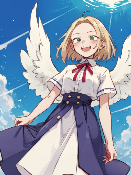 (masterpiece, high quality,:1.4), BREAK,
1girl, solo, skinny, slender,
halterneck,
high-waist skirt,
evil grin,
green,
platinum blonde,
shouten pegasus mix mori,
on stomach,
open mouth ,
BREAK,
from below,