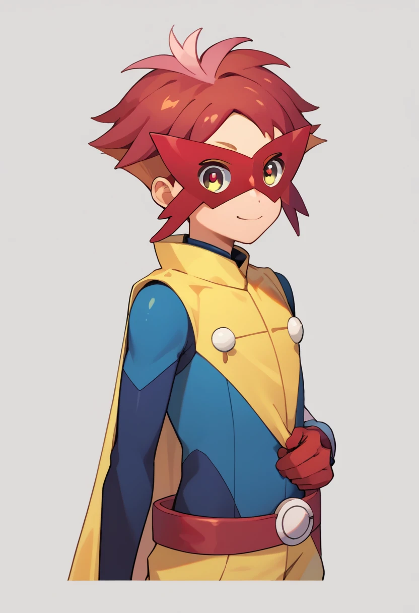 score_9, score_8_up, score_7_up, masterpiece, best quality, amazing quality, best aesthetic, ,absurdres,cute,crispin, multicolored hair, red hair, yellow eyes, red pupils,red gloves, red mask, yellow cape, red shoes, blue body suit, yellow shorts, yellow vest<lora:EMS-374005-EMS:1.000000>, <lora:EMS-351650-EMS:0.800000>