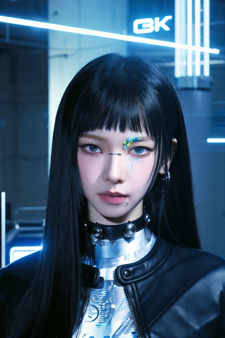 (4k, best quality, highres:1.1), (masterpiece:1.1), cyberpunk,
1girl, black hair, solo, cyberpunk, looking at viewer, science fiction, bangs, lips, long hair, blunt bangs, realistic, black eyes,
unreal void background,