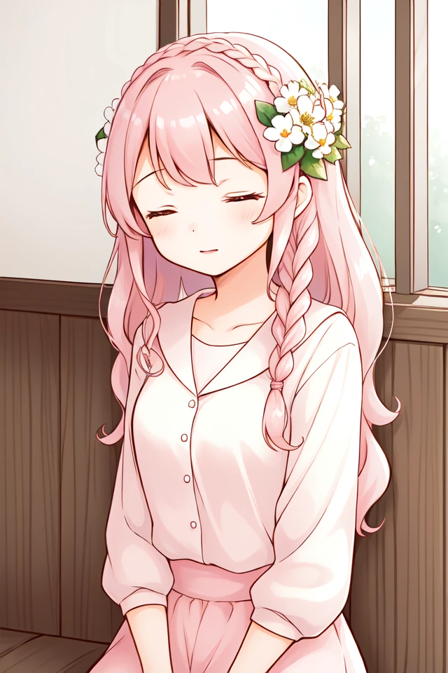 1 girl, indoors,
 <lora:Harvest_Moon_Hero_of_Leaf_Valley_-_Lyla:0.4> holvlyla, pink hair, long hair, wavy hair, braid, sidelocks, hair flower, closed eyes,