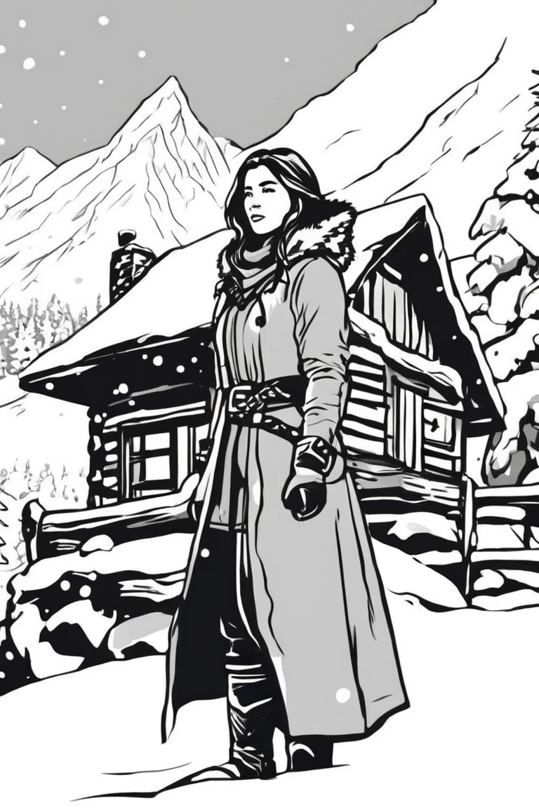 flvcil02 style <lora:style_02_bold_edge_l3-x_flvcil02_style:1>, woman standing,
warrior, adorable,
Cozy mountain cabin and snowfall,
high quality, masterpiece, highres,