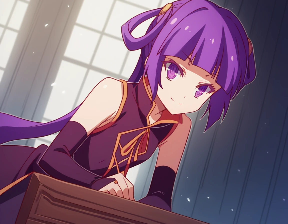 score_9, score_8_up, score_7_up, source_anime,
chlammyzell, <lora:chlammy-zell-s1-ponyxl-lora-nochekaiser:1>,
chlammy zell, long hair, purple eyes, purple hair, bangs, blunt bangs, twintails, hair rings,
detached sleeves, bridal gauntlets, gloves, dress, elbow gloves,
indoors, smile, bent over,,
cowboy shot, looking at viewer, solo, dutch angle,