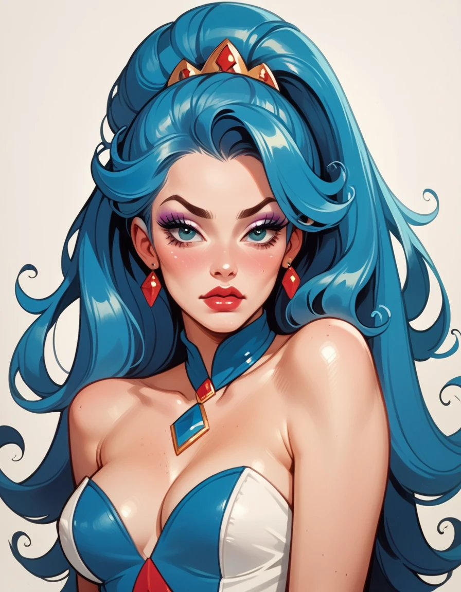 score_9, score_8_up, score_7_up, score_6_up, score_5_up, score_4_up, 1girl, long hair, blush, makeup, hud_shera_bk_styl, retro artstyle, <lora:shera-000007:1>,