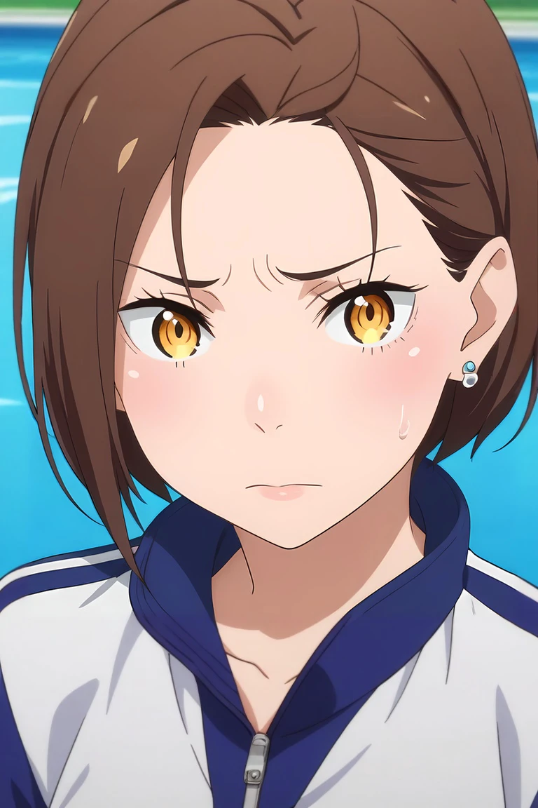 score_9, score_8_up, score_7_up, source_anime, rating_safe, anime screencap, , looking at viewer, depth of field, 1girl, yellow eyes, chocolate hair, track suit, earrings, bobby socks, solo, close-up, pool, day, slouching, nervous, <lora:rezero_style_pony:0.9>, rezero_style, , <lora:sdxl_lightning_8step_lora:1>