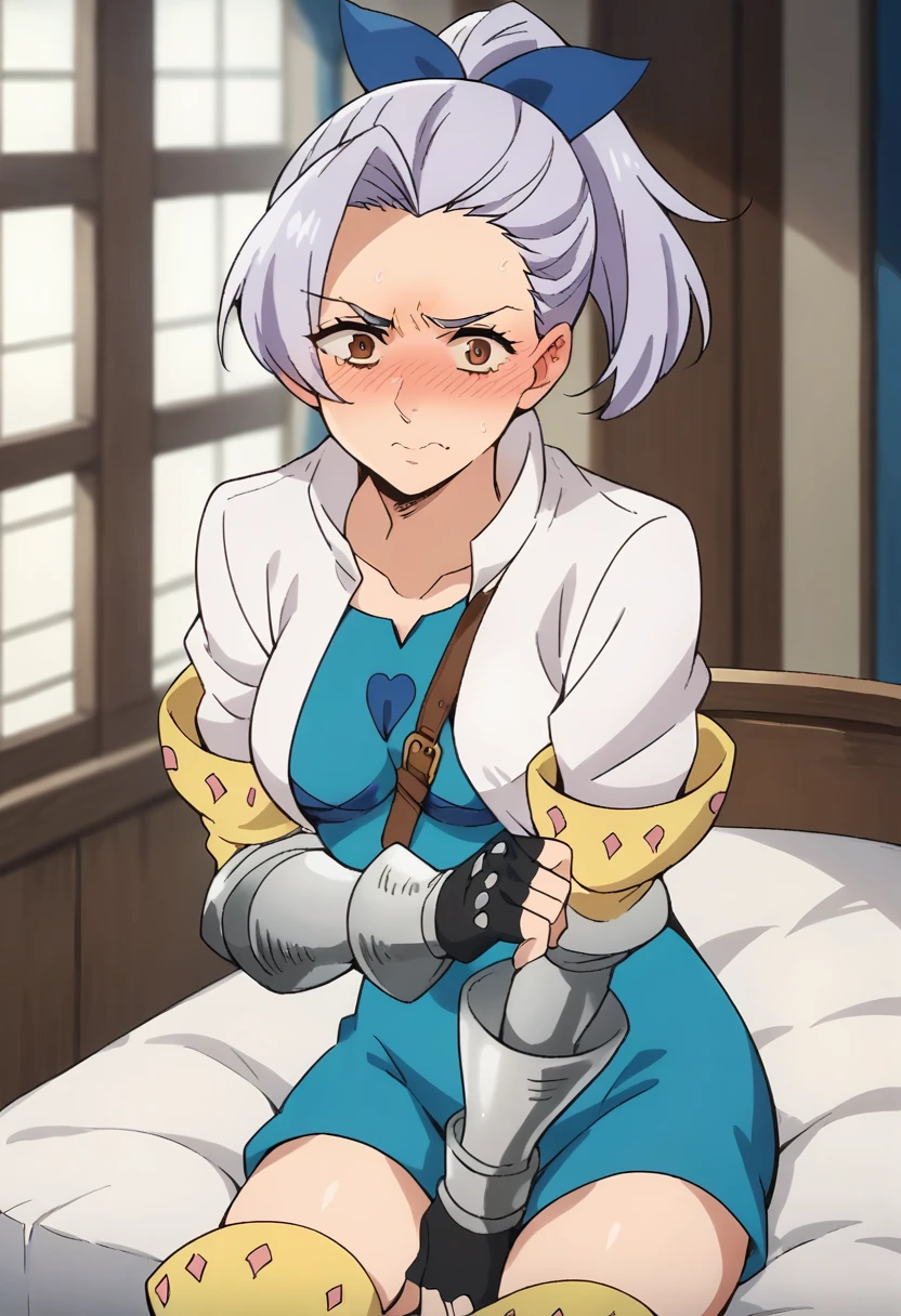 score_9, score_8_up, score_7_up, source_anime, masterpiece, jericho7, 1girl, lavender hair, hair bow, cropped jacket, blue dress, gauntlets, fingerless gloves, thigh boots, indoors,  between breasts, looking at viewer, blush, embarrassed, <lora:JerichoPonyXL:0.8>,