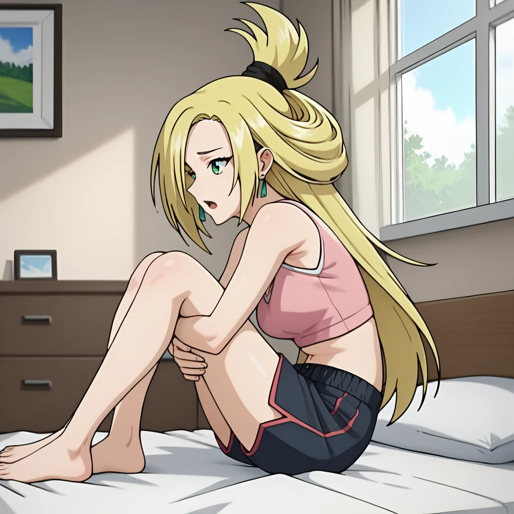 score_9, score_8_up, score_7_up, source_anime, 1girl, solo, blonde hair, green eyes, long hair, forehead, topknot, hair tie, single hair ring, earrings, open mouth, worried, sitting, hugging own legs, bed, bedroom, window, pink crop top, medium breasts, from side, shorts, sheets,  <lora:Cardfight_Vanguard_Kourin:1>