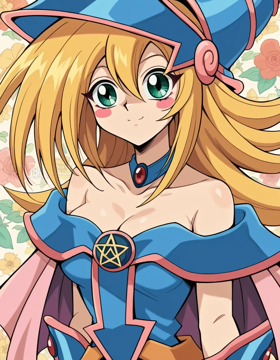 score_9, score_8_up, score_7_up, source_anime,
darkmagiciangirl, <lora:dark-magician-girl-anime-ponyxl-lora-nochekaiser:1>
dark magician girl, blonde hair, choker, green eyes, long hair, blush, blush stickers,
bare shoulders, blue footwear, blush, blush stickers, cleavage, collarbone, duel monster, hat, off shoulder, pentacle, wizard hat,
smile, <lora:floral-background-ponyxl-lora-nocheakaiser:1>, floral background,
looking at viewer, cowboy shot, dutch angle, solo,