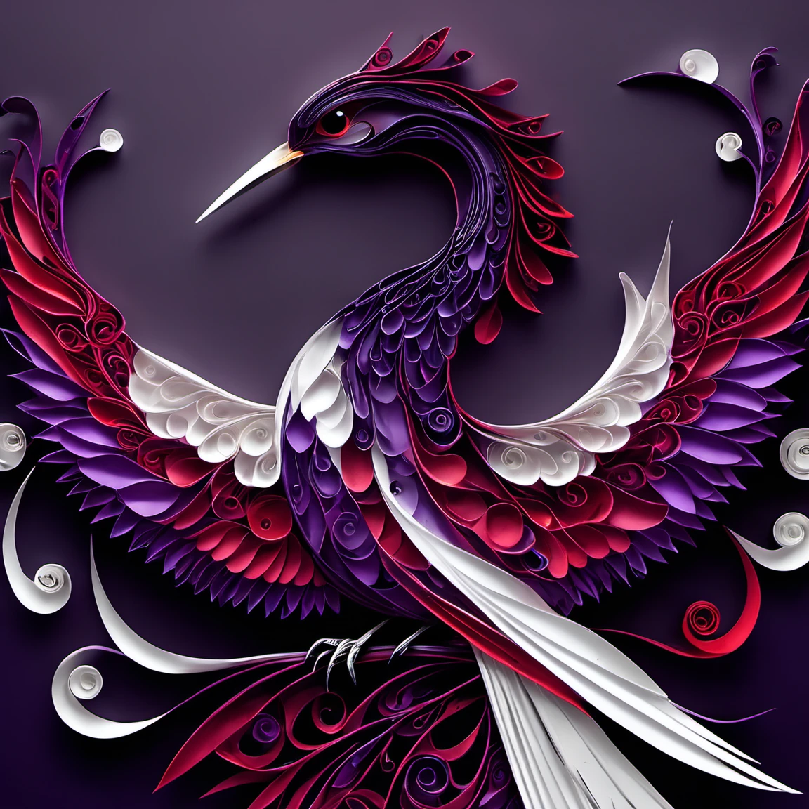 paperart, simple background, fork, bird <lora:paperart:1>, dark themed background. very dark and scary horror vibes. hyper intricate details. purple, red, white colors. hyperrealistic artwork style. scary horror metal music vibe. godrays, gorgeous, amazing, intricate, highly detailed, digital painting, artstatio