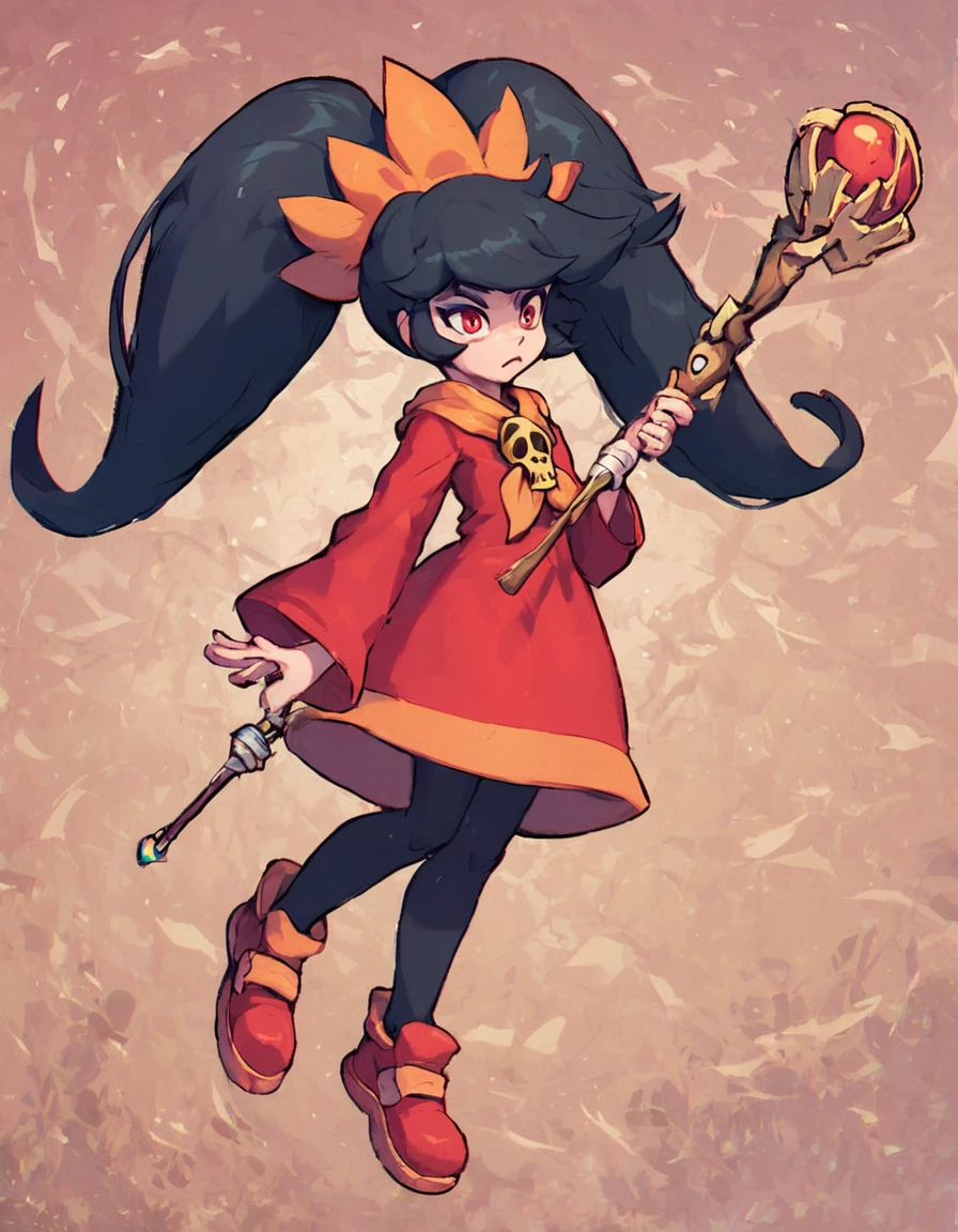 <lora:AshleyPonyXL:1> ashleywario, 1girl, twintails, red eyes, long hair, black hair, dress, orange hairband, red dress, big hair, skull, shoes, pantyhose, hairband, black pantyhose, staff, wand, orange neckerchief, ( zPDXL BREAK , score_9, score_8_up, score_7_up:1)