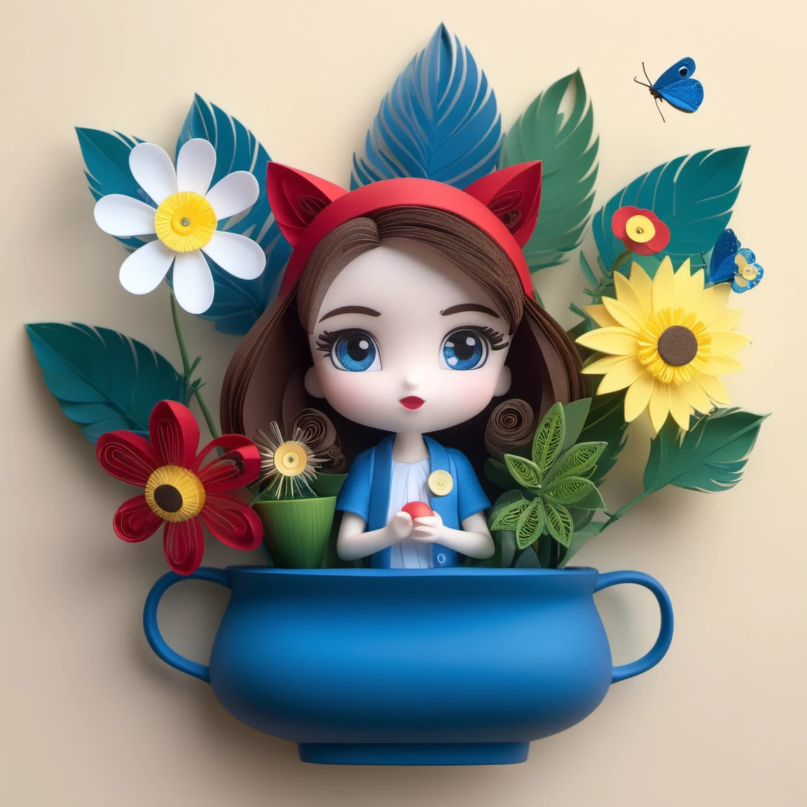 paperart, simple background,flower,leaf,blue background,plant,white flower,red flower,yellow flower, <lora:paperart:1>, cute, tiny, little chibi, kawai, furry, great face expression, dynamic pose, trending on artstation, cinematic, hyper realism, high detail, 8k, 8mm, octane render, bokeh, artstation, detailed, character design by mark ryden and pixar