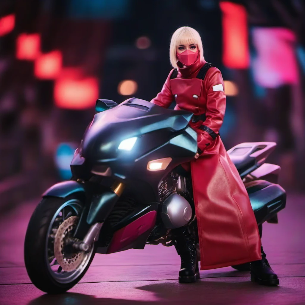 cinematic photo a woman with a pink mask in a red long coat and boots, smoking a cigaret, riding a futuristic motorbike,  cyberpunk art, cyberpunk city night lights background <lora:Kiwi1024-250:0.8> . 35mm photograph, film, bokeh, professional, 4k, highly detailed