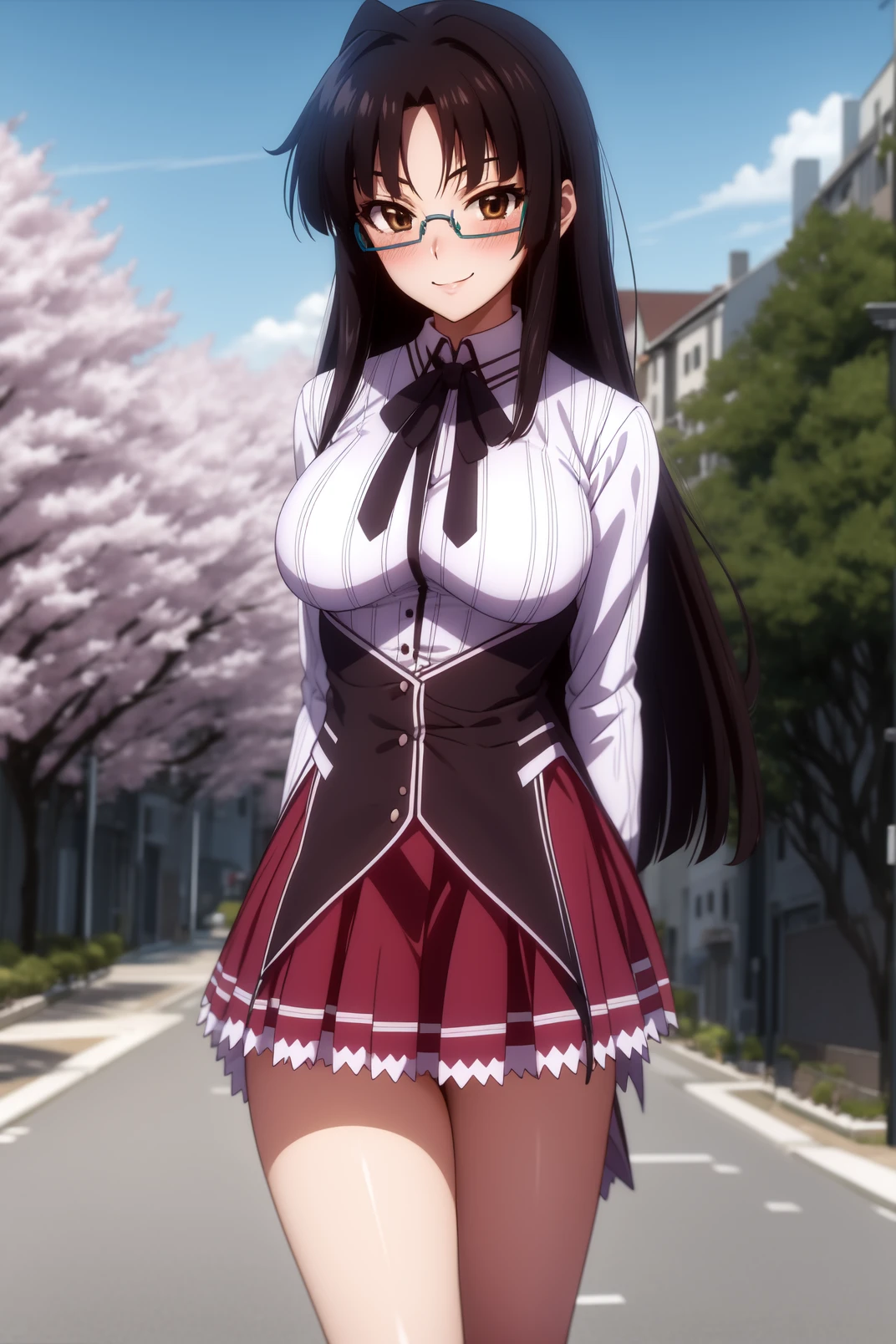 solo, masterpiece, best quality, outdoors, street, cherry blossom, looking at viewer, smile, closed mouth, blush, standing, cowboy shot, thighs, shinra, brown eyes, long hair, black hair, glasses, semi-rimless eyewear, under-rim eyewear, parted bangs, blunt bangs, collared shirt, long sleeves, black ribbon, neck ribbon, vertical-striped shirt, black corset, dark red skirt, pleated skirt, arms behind back