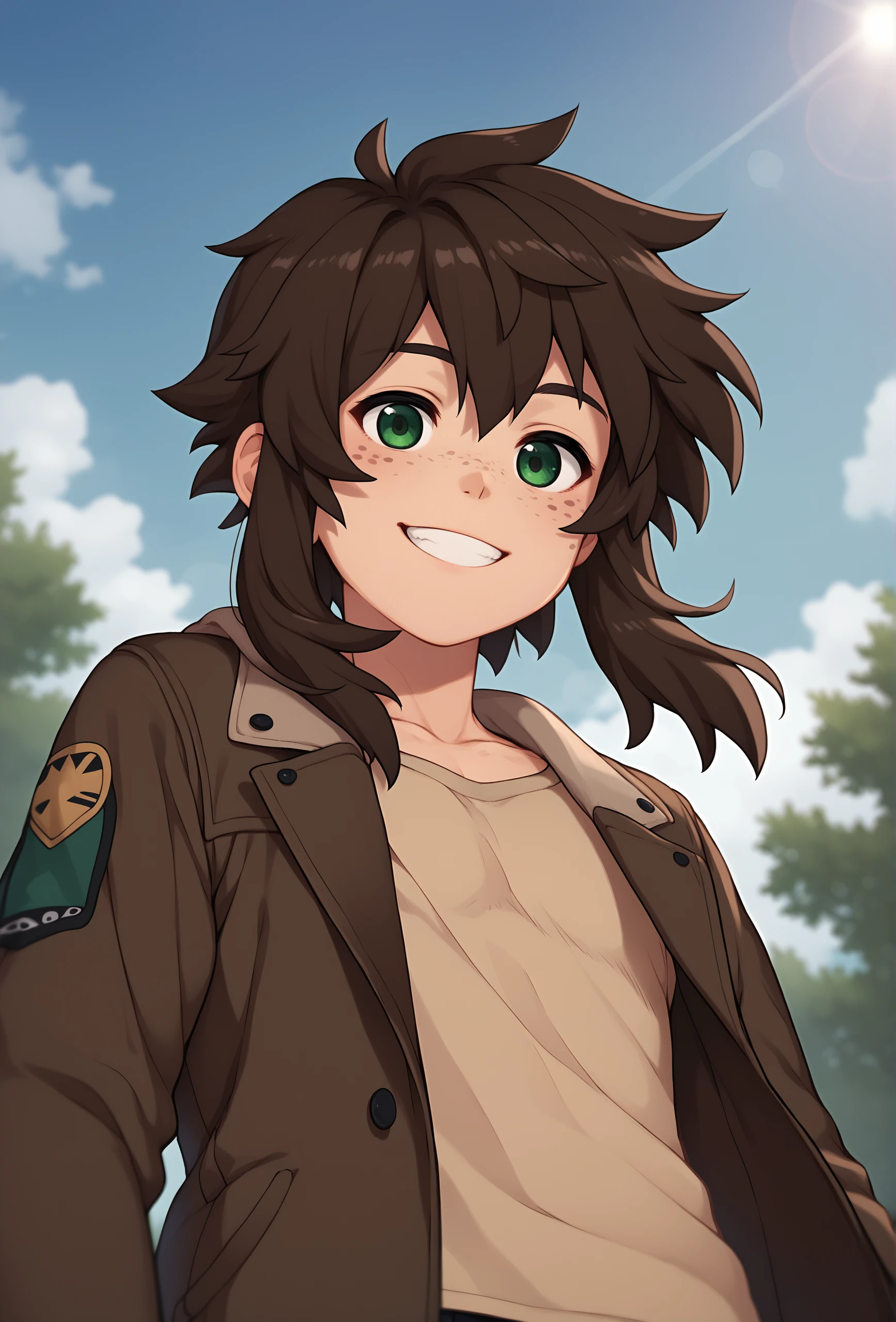 score_9, score_8_up, score_7_up, score_6_up, score_5_up, score_4_up, outdoors, wind, tree, bokeh, depth of field, dappled sunlight,
<lora:twix_fluffkevlar_ponyXL_v1.3_0.99:1.2> twix, 1boy, human, solo, (brown hair, medium hair, sidelocks:1.1), green eyes, brown jacket, open jacket, beige shirt, smile, teeth, otoko no ko, freckles, (messy hair:0.7), portrait, (from below, low angle, foreshortening:1.3)