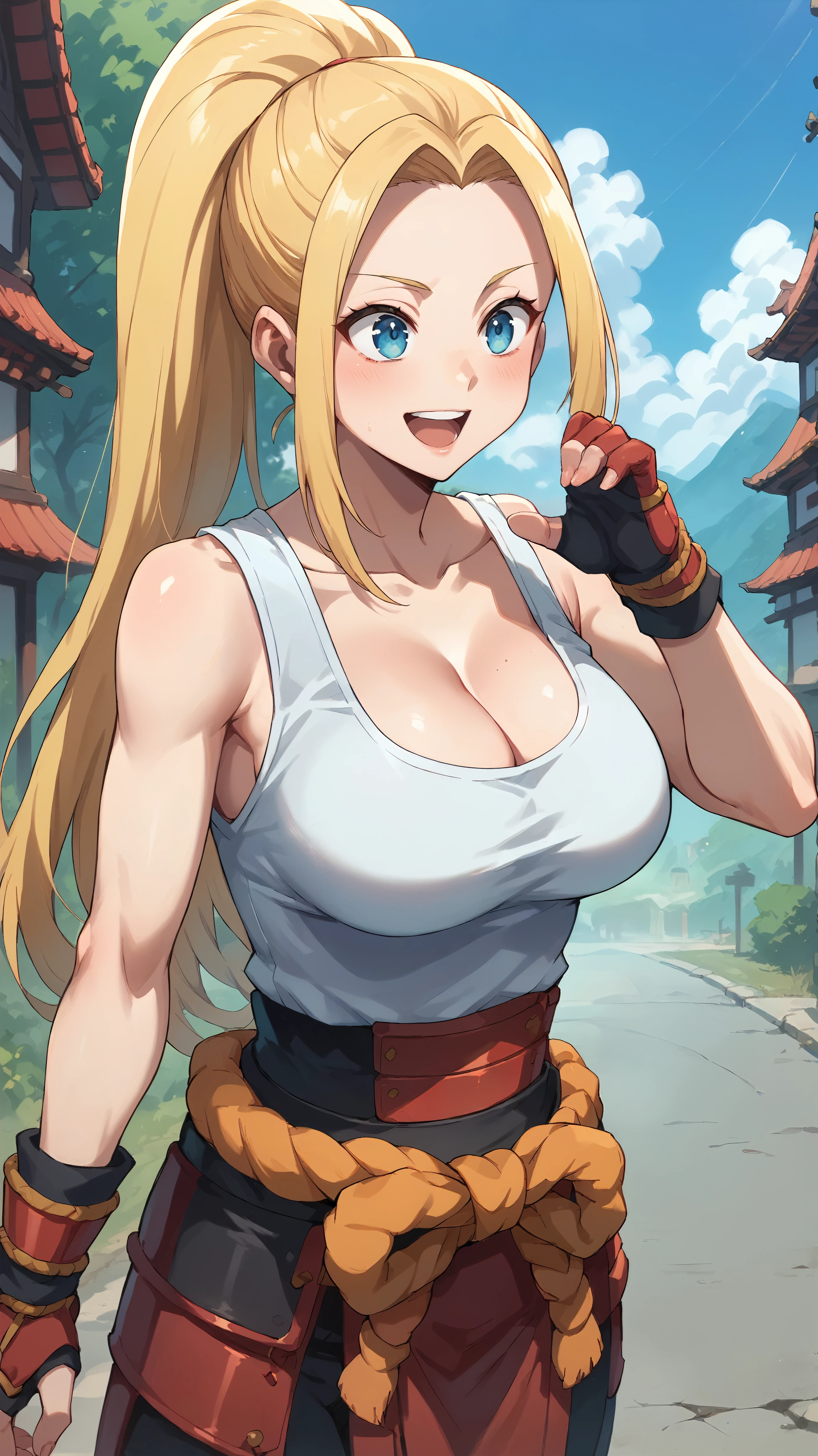 score_9,score_8_up,score_7_up,score_6_up, source_anime, zPDXL, <lora:xl_more_art-full_v1:0.5>, <lora:Wakfu_CartoonV02:0.5>, girl,long hair, blonde hair, ponytail, blue eyes, white tank top, red (samurai armor), red gloves, pants, large breasts, <lora:Beatrix Amerhauser - Pony-000004:0.8>, head down, dynamice pose, open highway, empty roads, happy, middle of the road, daylight, japanese architecture,
