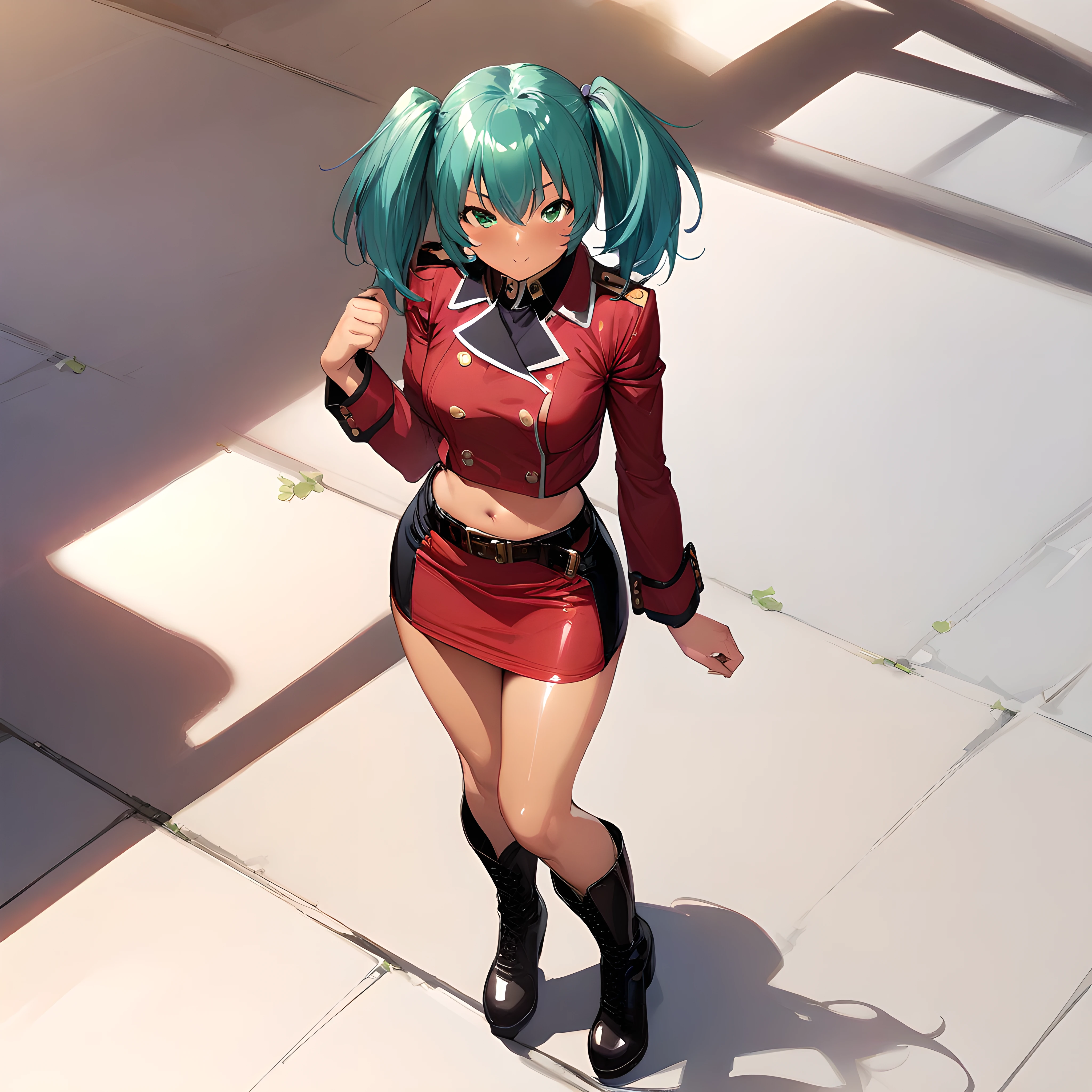 (masterpiece),(best quality),(ultra-detailed),(best illustration),(best shadow),(absurdres),(detailed background),(very aesthetic), ryofu housen, 1girl, solo, skirt, twintails, midriff, belt, boots, navel, green eyes, uniform, white background, simple background, pencil skirt, shiny, miniskirt, dark skinned<lora:XL-RyofuHousen:1>