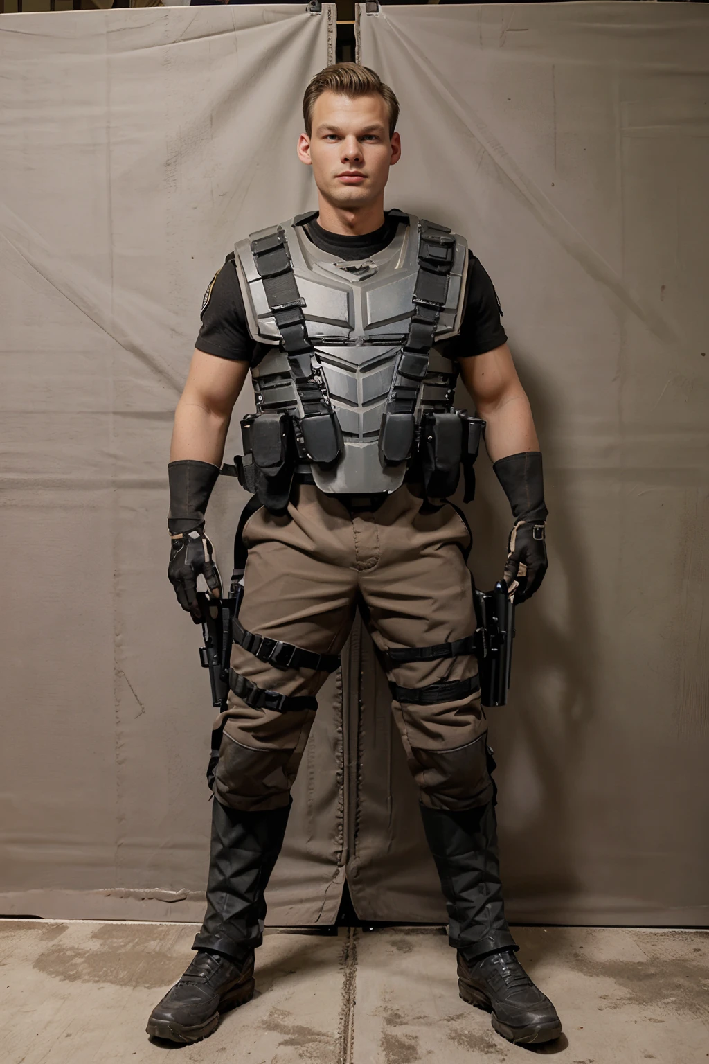 standing beside a giant bug, insect, RyanKutcher wearing starship troopers armor, gloves, armor, shoulder patch, bulletproof vest, military, (((full body portrait))), wide angle <lora:RyanKutcher:0.8> <lora:StarshipTroopersArmor:0.65>