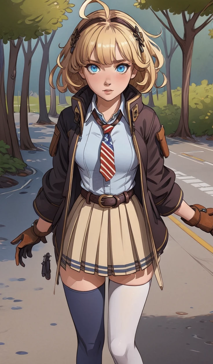 <lora:M1911_Girls_Frontline:1> m1911, american flag tie, blue_eyes, blonde_hair, short_hair, bangs, gloves, jacket, shirt, ahoge, pleated_skirt, belt, black footwear, thighhighs. stripped tie, standing, outdoor park setting, best quality, masterpiece, detailed, 8K, uhd, (extremely detailed CG unity 8k wallpaper),(masterpiece), (best quality), (ultra-detailed), (best illustration), detailed face, skin pores, detailed skin, detailed eyes, high quality eyes, good quality hands, high resolution, great anatomy